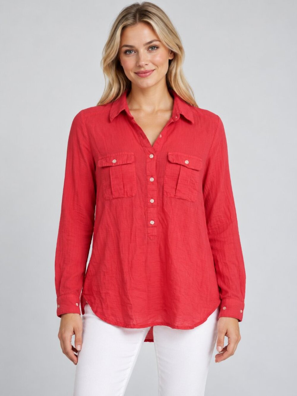 2/$30 Old Navy Coral Red Long Sleeve Popover Blouse with Pockets
